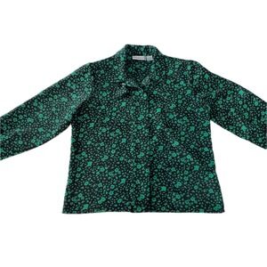 Vintage 80s Green Floral Irish Button Down Blouse Long Sleeve Black Top Sz 12P